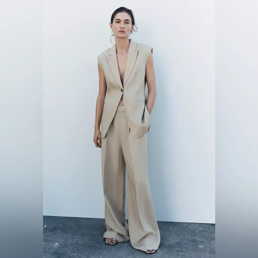 NWT ZARA High Waist Linen Blend Darted Trouser Pant in Camel Size XL